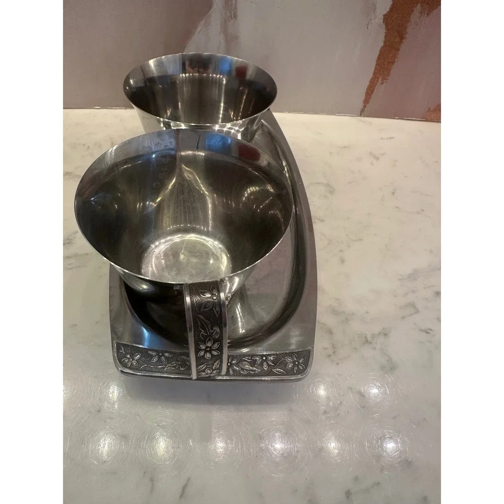 Vtg Stainless Steel Flower Emboss 70s MCM Japan‎ Butter Sugar Creamer Gravy Boat